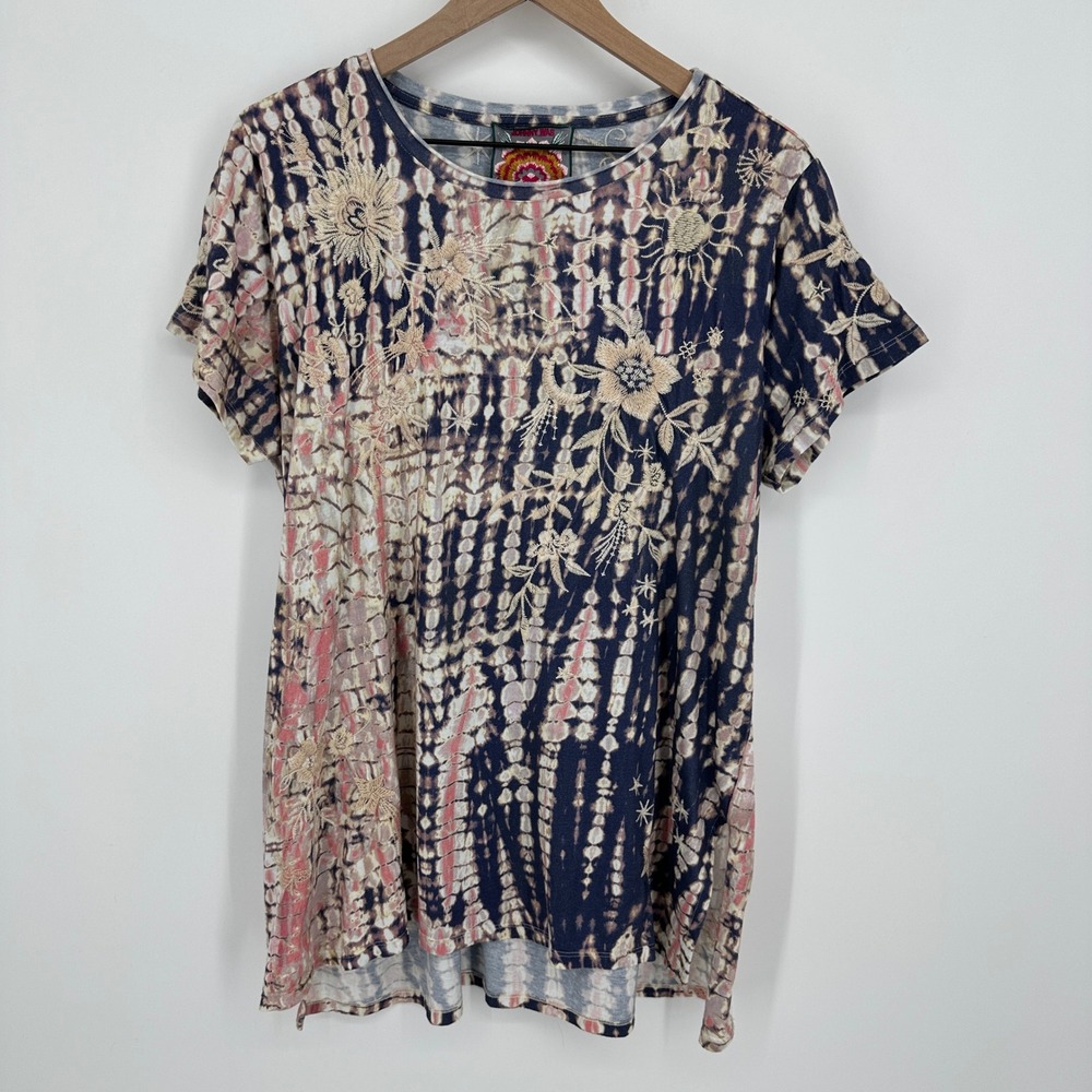 Johnny Was Tunic Top Medium Blue Tie Dye Embroidered Floral Stars Boho